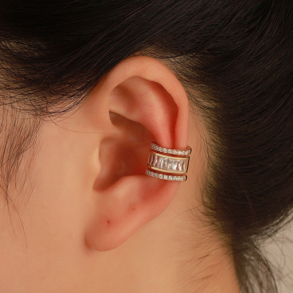 Baguette Layer CZ 18K Gold Anti Tarnish Single Ear Cuff Earring Bulk