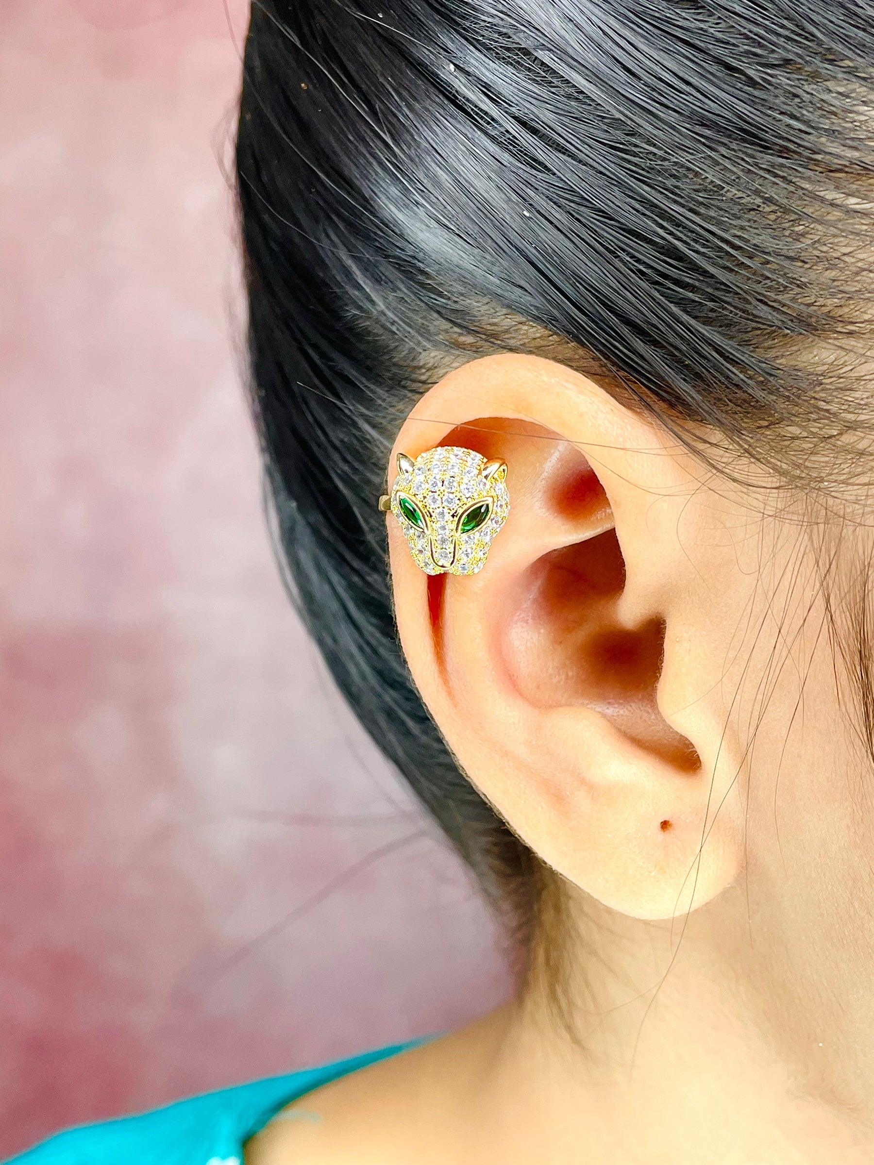 Panther Cubic Zirconia Crystal Green 18K Gold Anti Tarnish Single Ear Cuff Earring For Women Main image