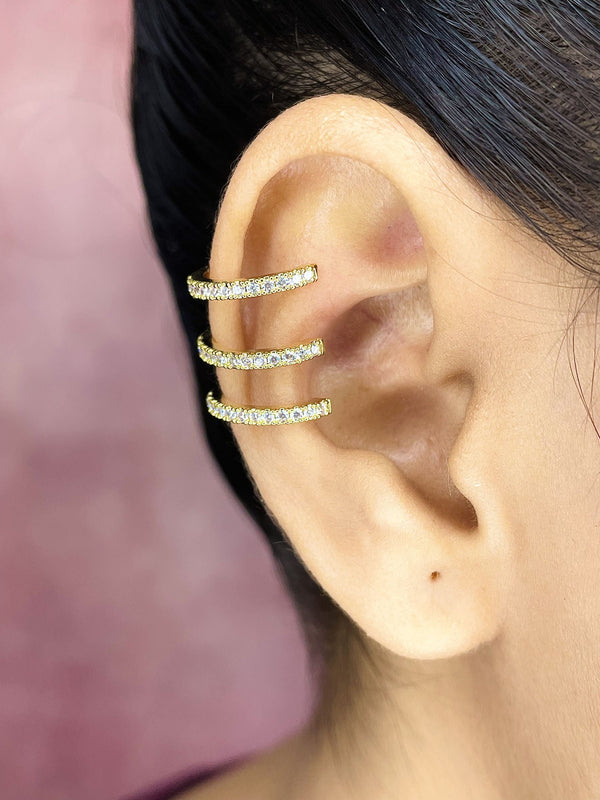 Studded Triple Layer CZ Gold Anti Tarnish Single Ear Cuff Earring Bulk Main image