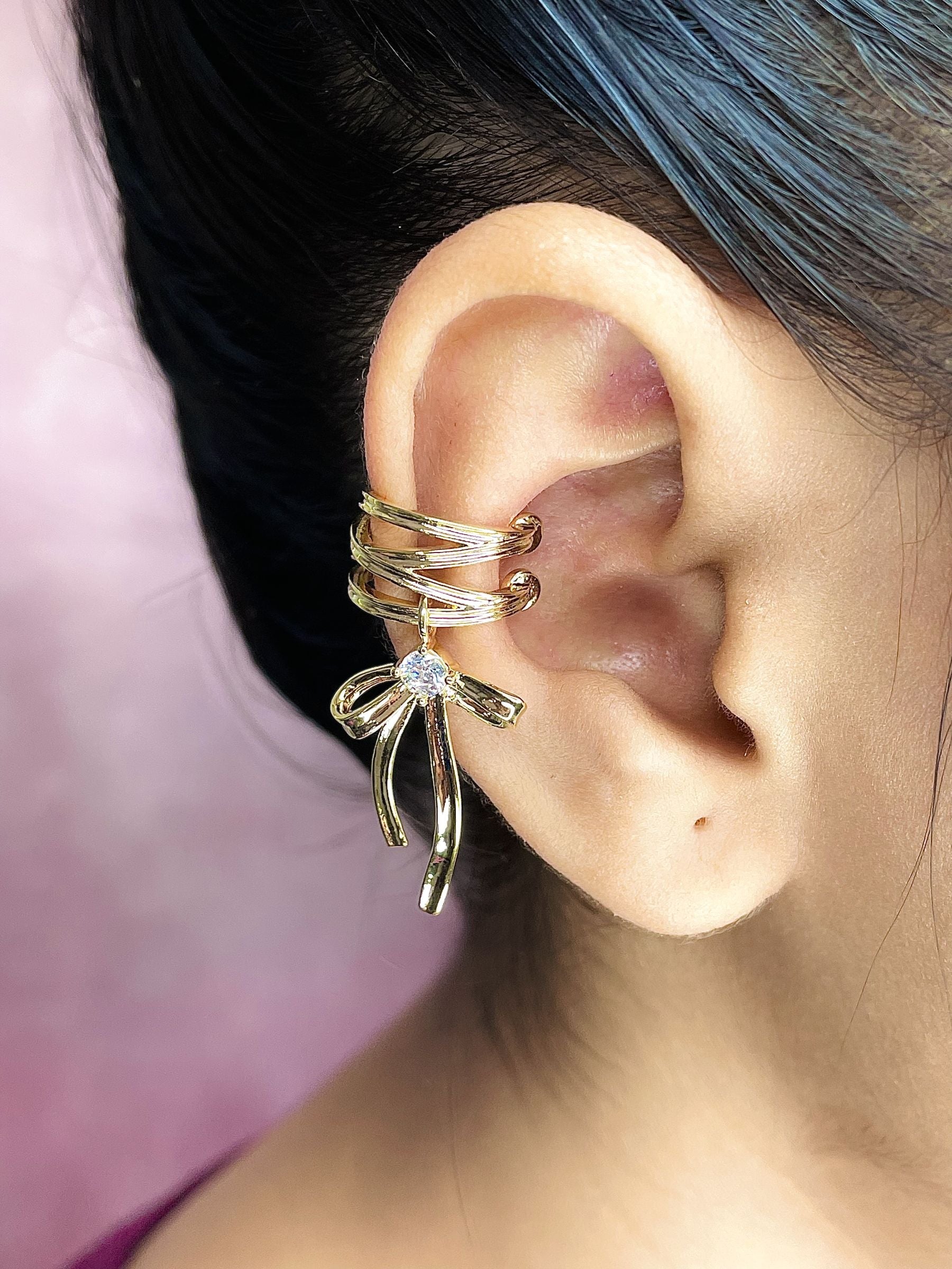 Hair Clip Ribbon Cubic Zirconia 18K Gold Anti Tarnish Single Ear Cuff Earring For Women Main image