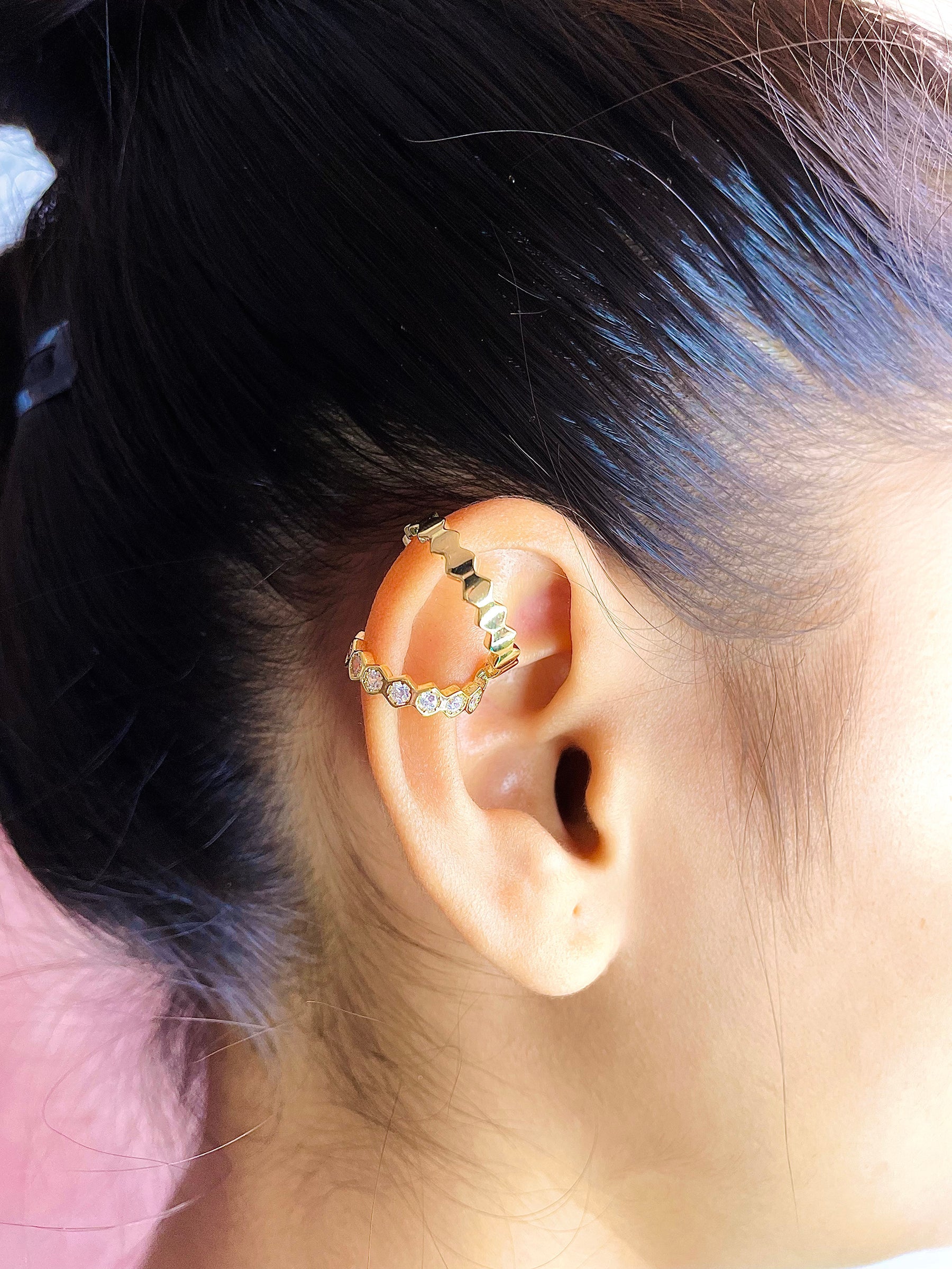 Hexagon Dual Layer CZ Gold Anti Tarnish Single Ear Cuff Earring Bulk