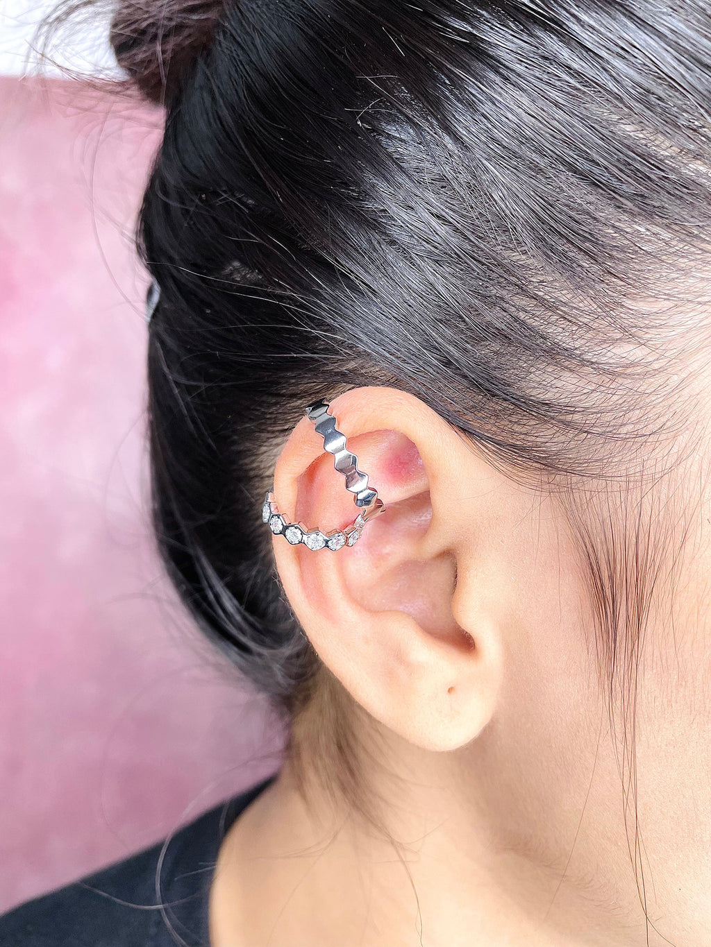 Hexagon Dual Layer CZ Gold Anti Tarnish Single Ear Cuff Earring Bulk