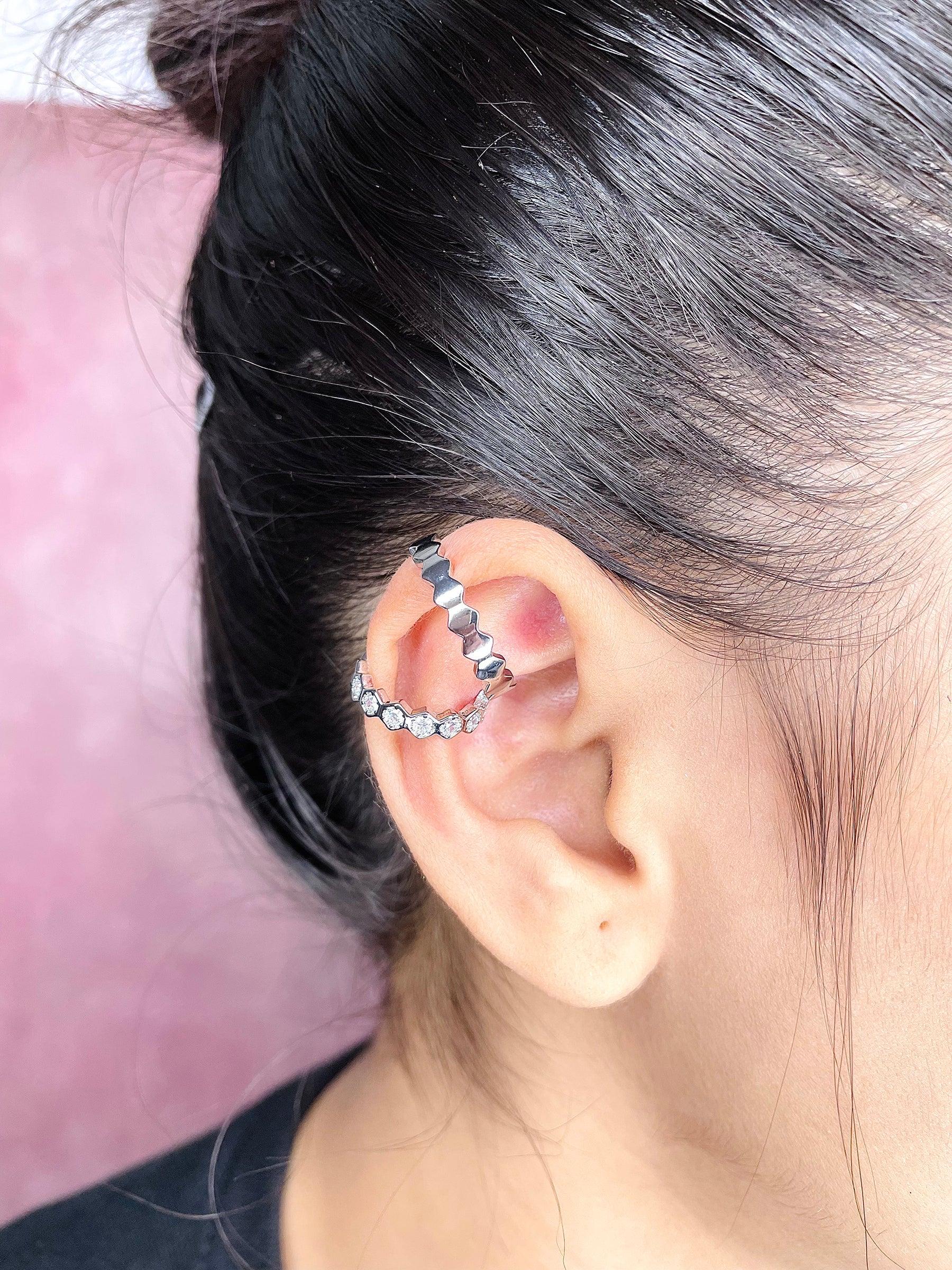 Hexagon Dual Layer CZ Gold Anti Tarnish Single Ear Cuff Earring Bulk