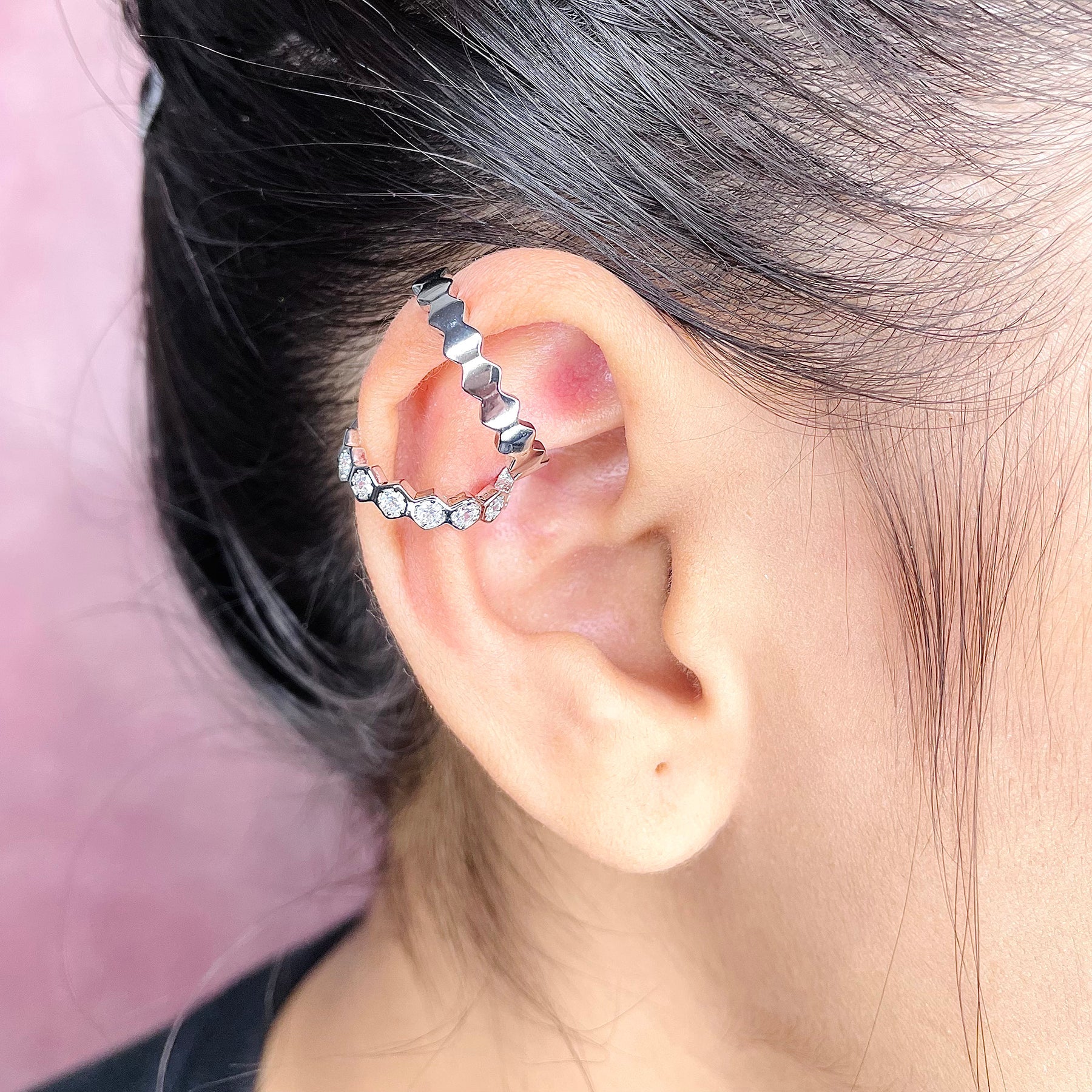 Hexagon Dual Layer CZ Gold Anti Tarnish Single Ear Cuff Earring Bulk