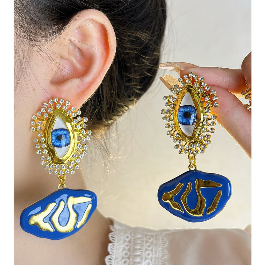 Evil Eye Cubic Zirconia Enamel Blue 18K Gold Dangler Earring Bulk