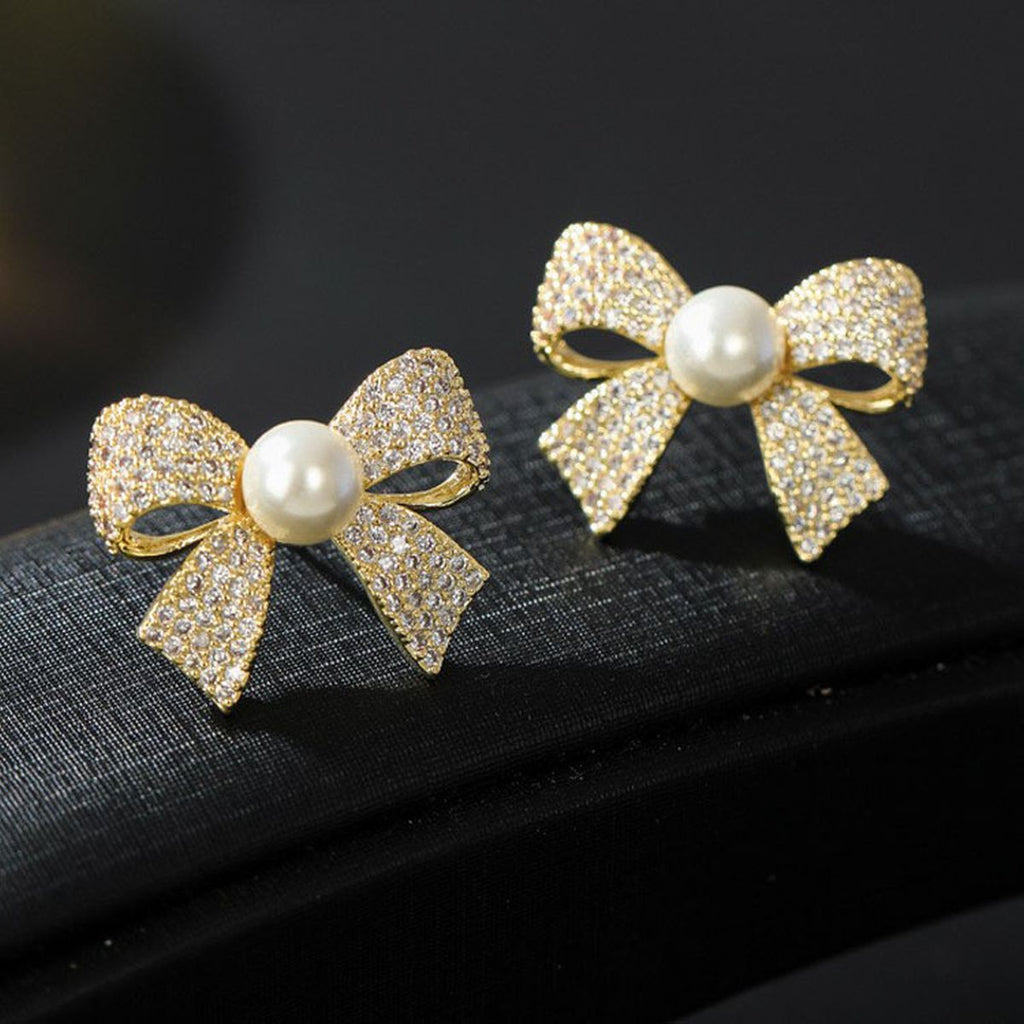 Ribbon Bow CZ Pearl 18K Gold White Anti Tarnish Stud Earring Bulk