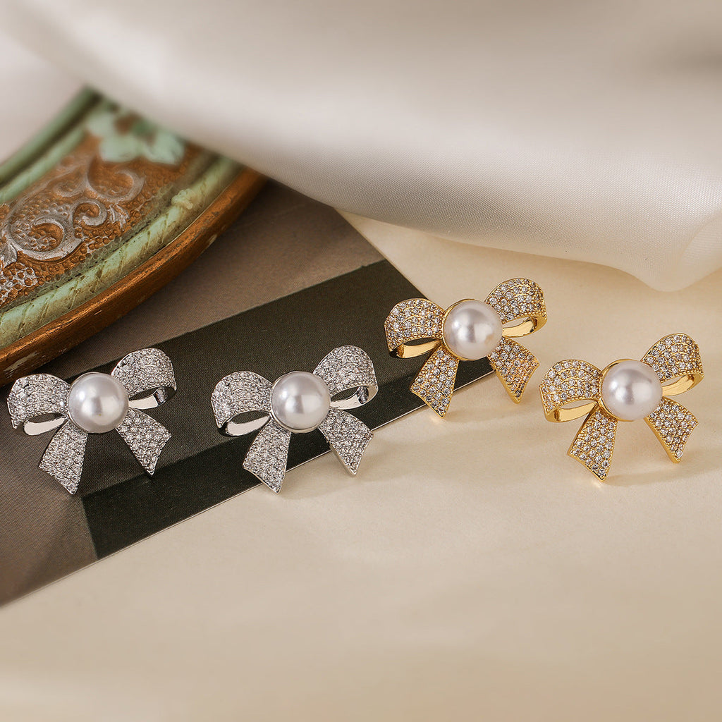 Ribbon Bow CZ Pearl 18K Gold White Anti Tarnish Stud Earring Bulk