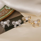 Ribbon Bow CZ Pearl 18K Gold White Anti Tarnish Stud Earring Bulk