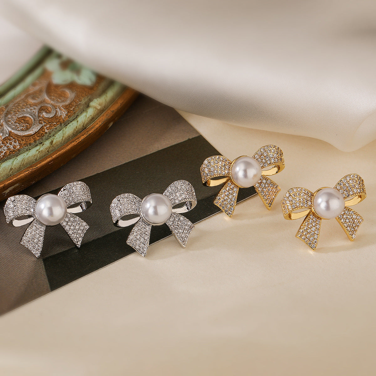 Ribbon Bow CZ Pearl 18K Gold White Anti Tarnish Stud Earring Bulk