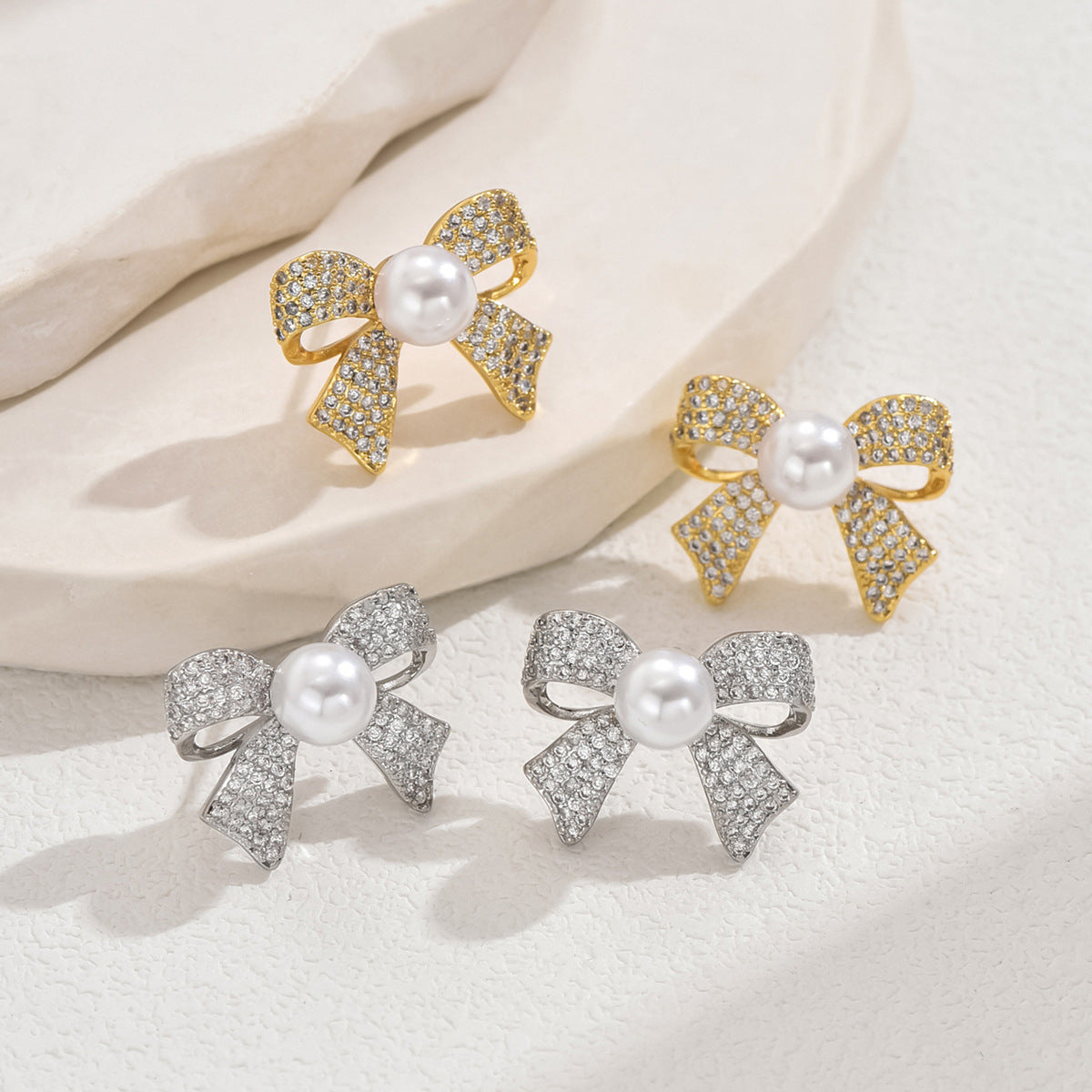 Ribbon Bow CZ Pearl 18K Gold White Anti Tarnish Stud Earring Bulk