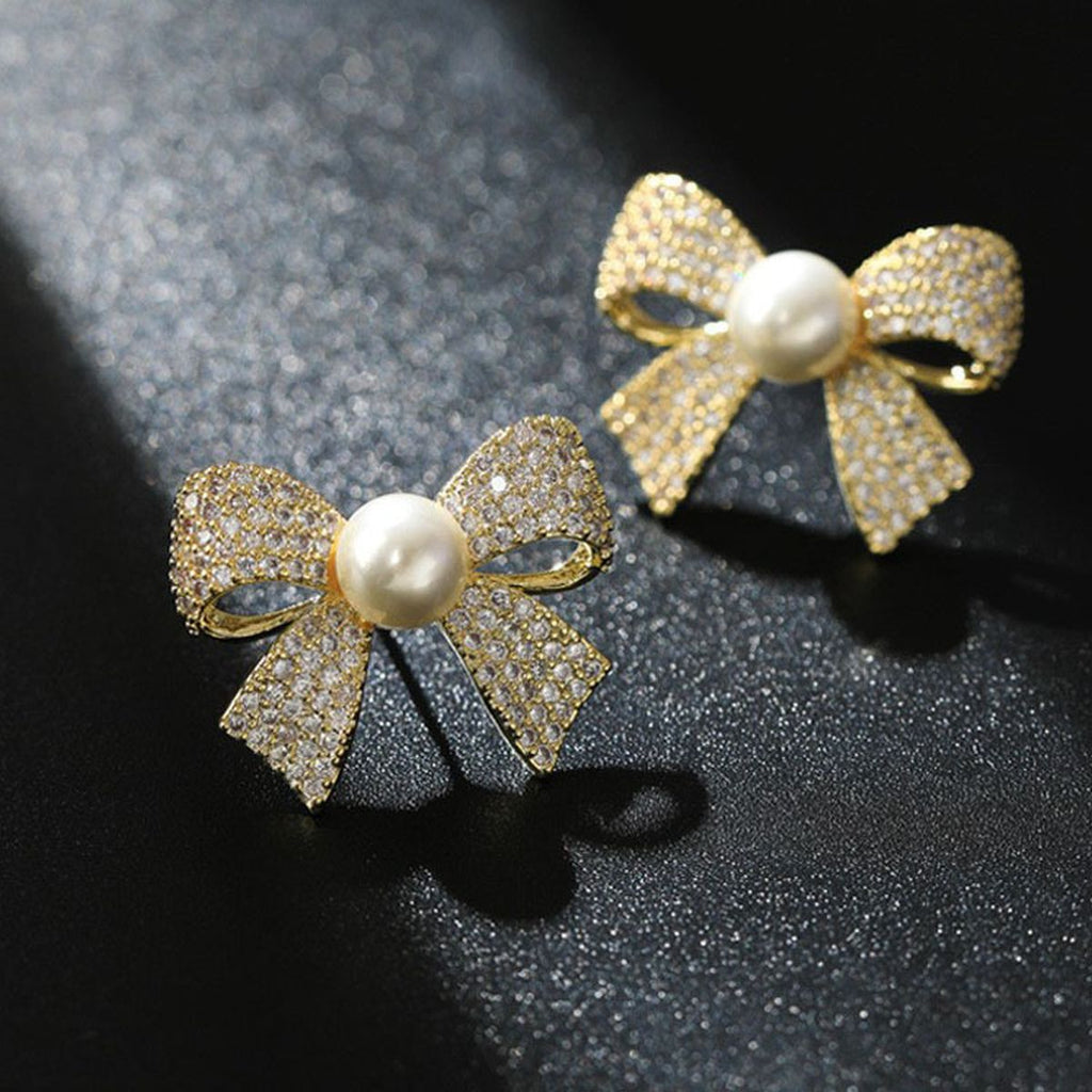 Ribbon Bow CZ Pearl 18K Gold White Anti Tarnish Stud Earring Bulk