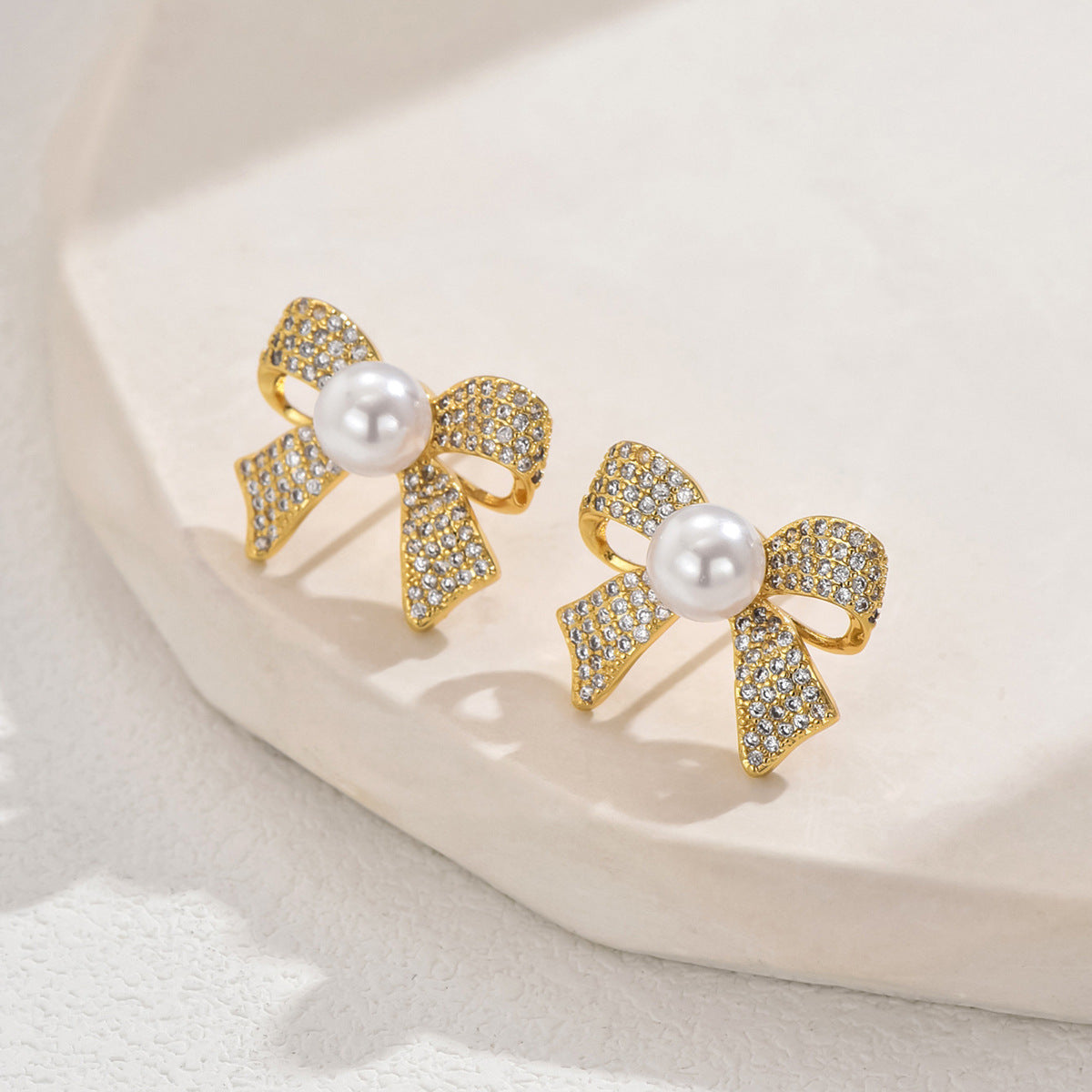 Ribbon Bow CZ Pearl 18K Gold White Anti Tarnish Stud Earring Bulk