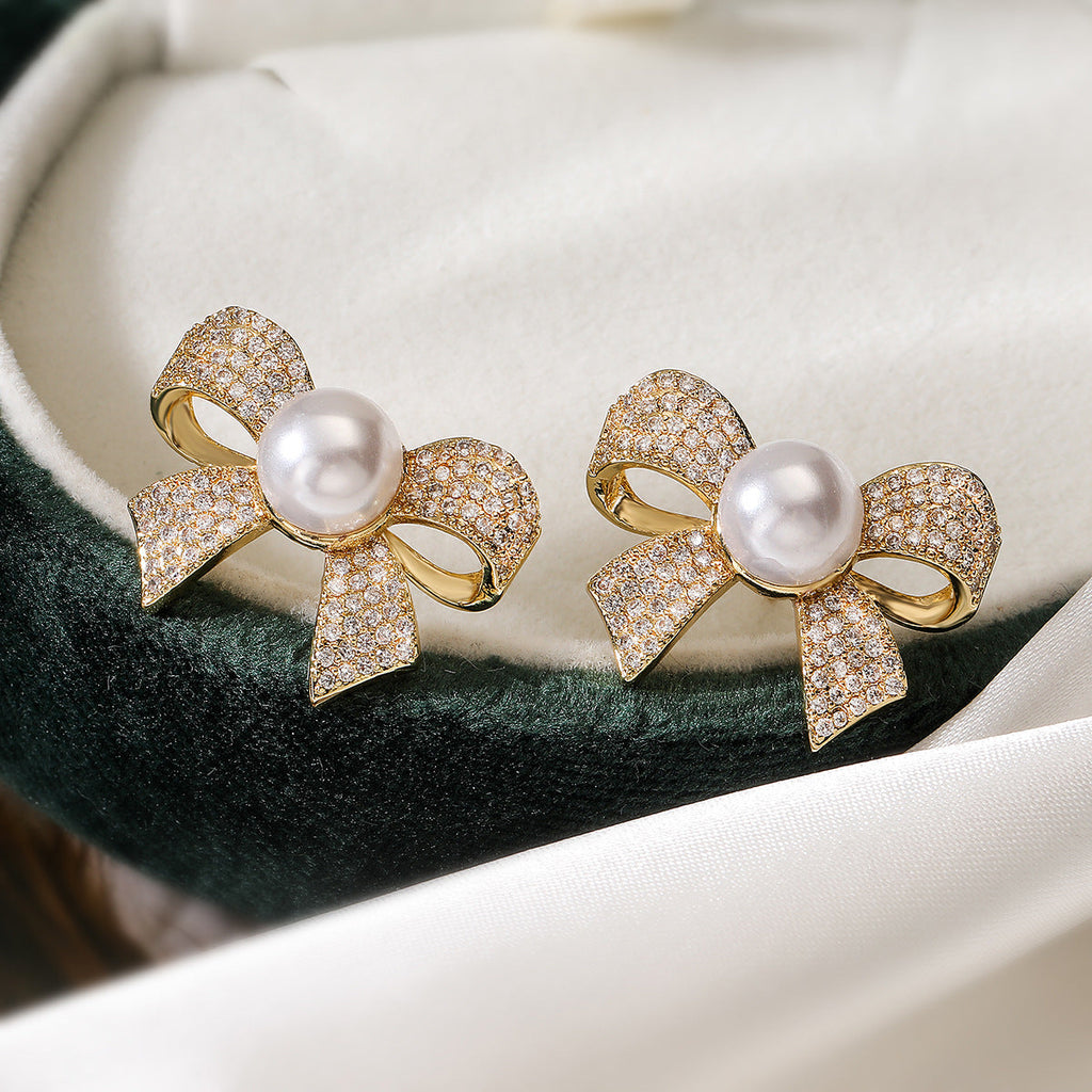 Ribbon Bow CZ Pearl 18K Gold White Anti Tarnish Stud Earring Bulk