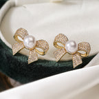 Ribbon Bow CZ Pearl 18K Gold White Anti Tarnish Stud Earring Bulk
