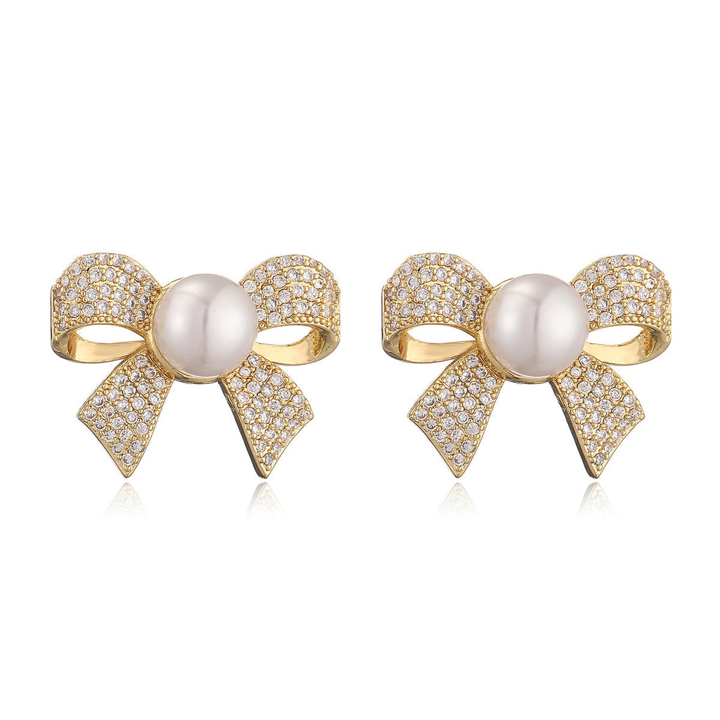 Ribbon Bow CZ Pearl 18K Gold White Anti Tarnish Stud Earring Bulk
