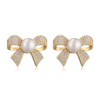 Ribbon Bow CZ Pearl 18K Gold White Anti Tarnish Stud Earring Bulk