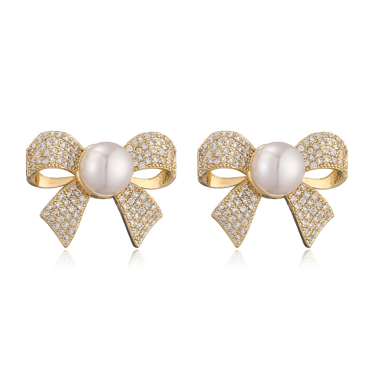 Ribbon Bow CZ Pearl 18K Gold White Anti Tarnish Stud Earring Bulk