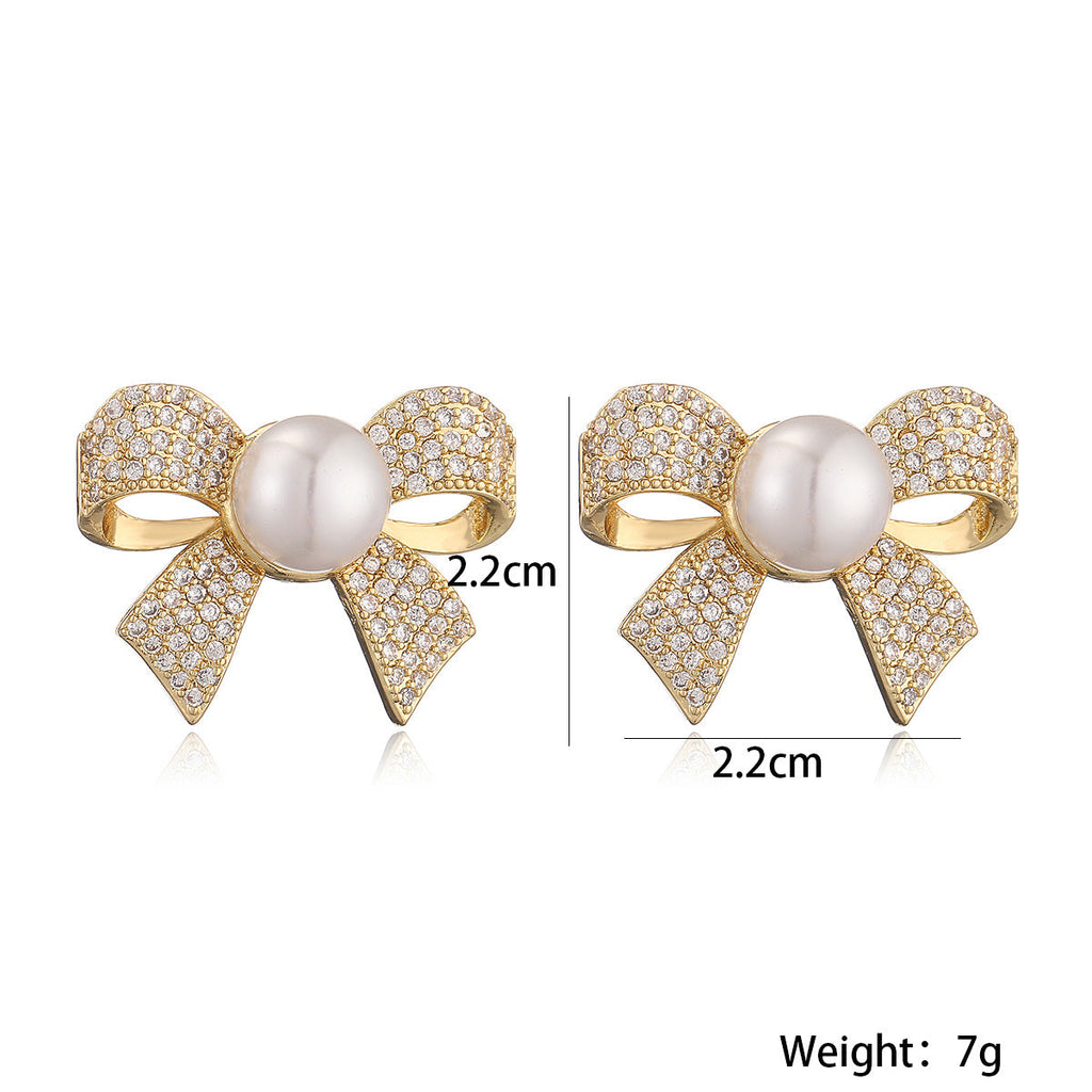 Ribbon Bow CZ Pearl 18K Gold White Anti Tarnish Stud Earring Bulk