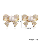 Ribbon Bow CZ Pearl 18K Gold White Anti Tarnish Stud Earring Bulk