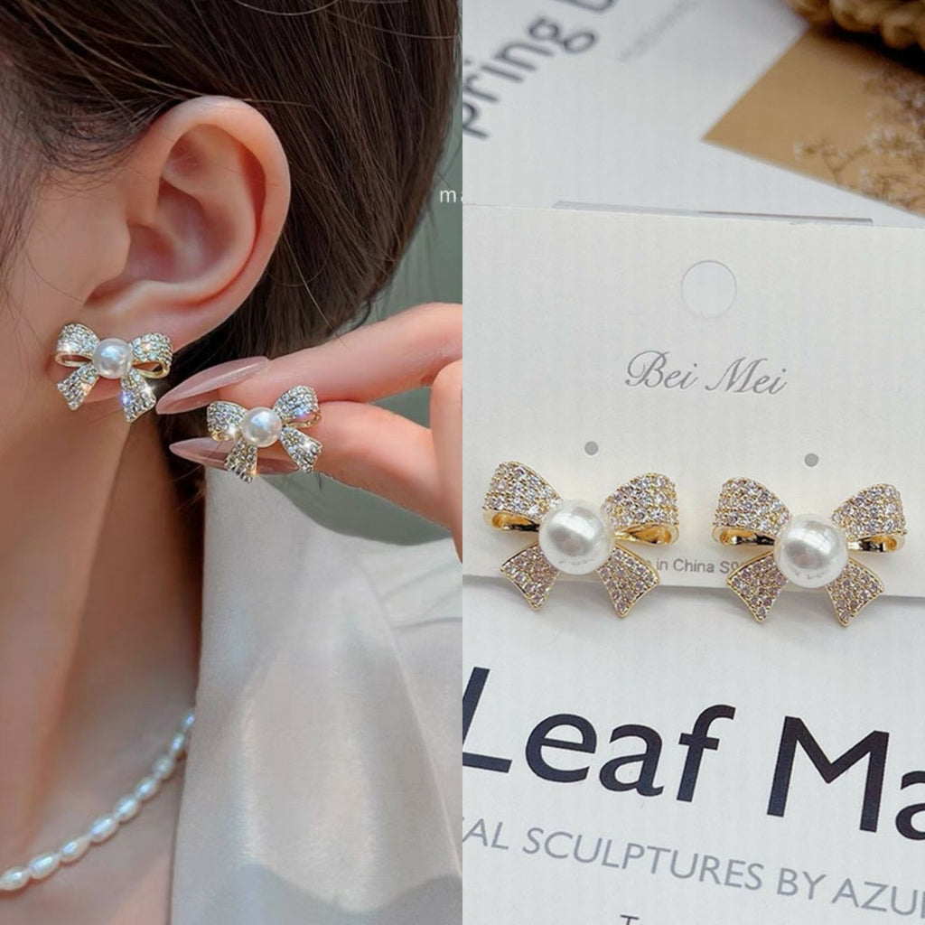 Ribbon Bow CZ Pearl 18K Gold White Anti Tarnish Stud Earring Bulk