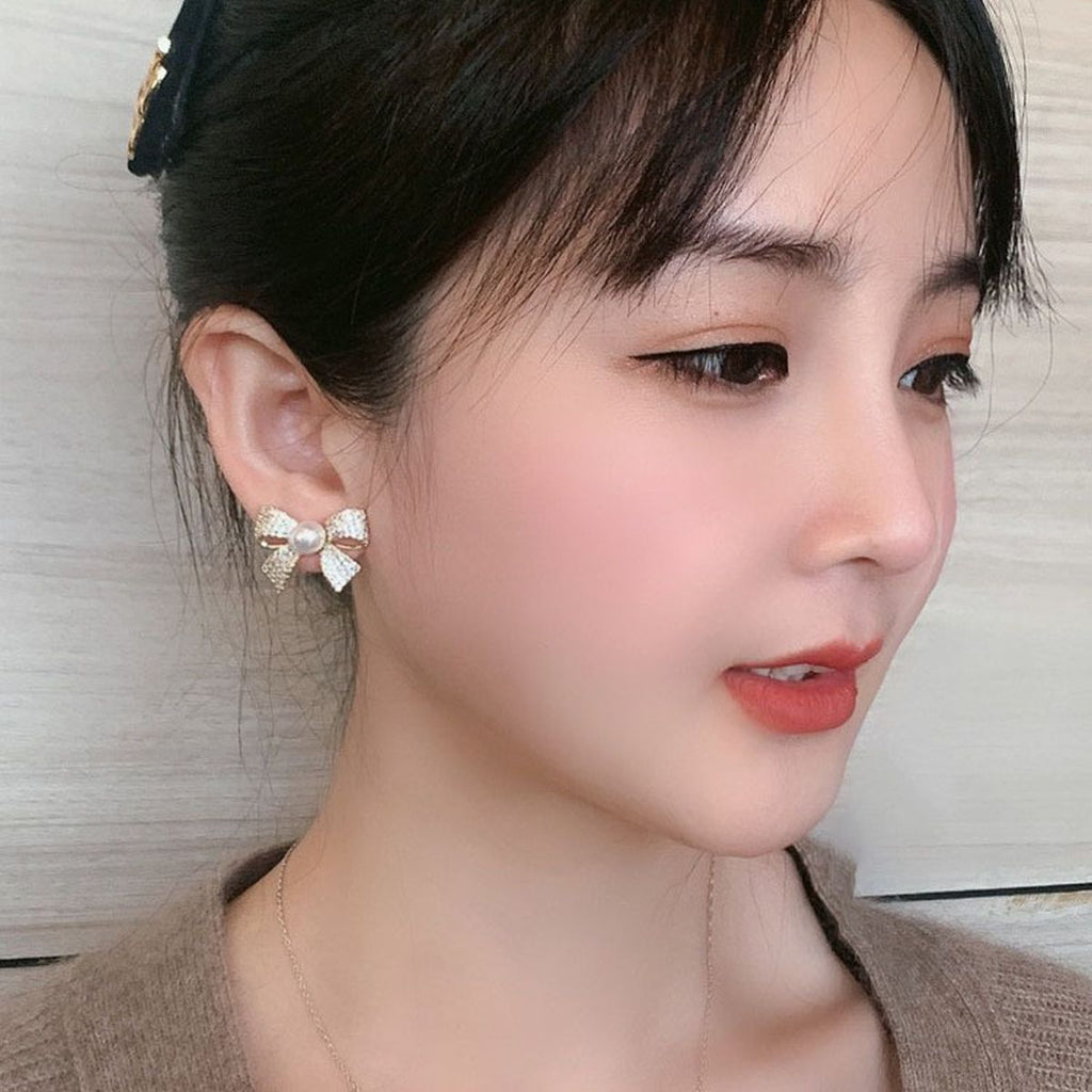 Ribbon Bow CZ Pearl 18K Gold White Anti Tarnish Stud Earring Bulk