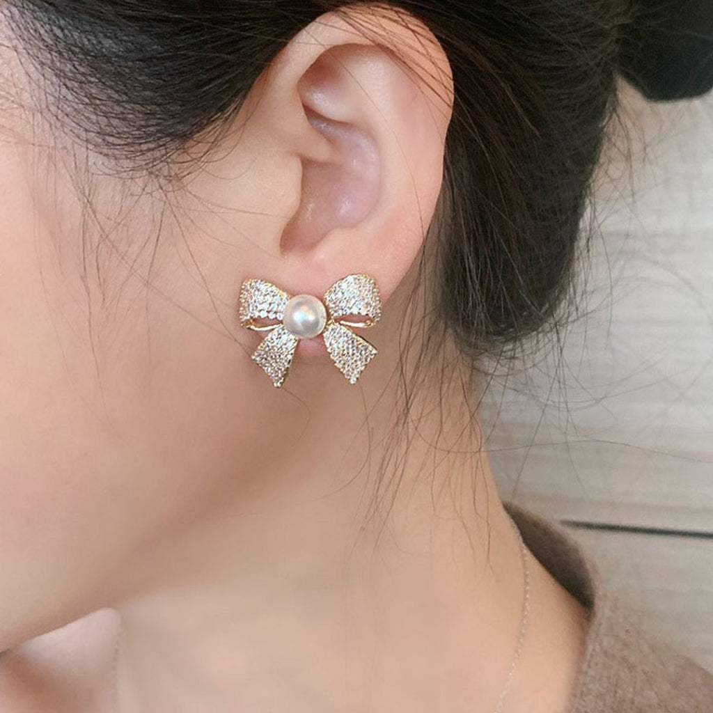 Ribbon Bow CZ Pearl 18K Gold White Anti Tarnish Stud Earring Bulk