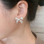 Ribbon Bow CZ Pearl 18K Gold White Anti Tarnish Stud Earring Bulk