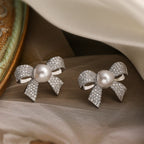 Ribbon Bow CZ Pearl 18K Gold White Anti Tarnish Stud Earring Bulk