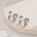 Ribbon Bow CZ Pearl 18K Gold White Anti Tarnish Stud Earring Bulk