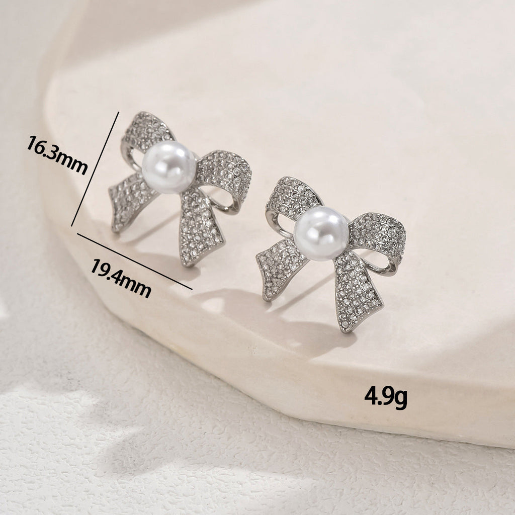 Ribbon Bow CZ Pearl 18K Gold White Anti Tarnish Stud Earring Bulk