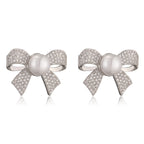 Ribbon Bow CZ Pearl 18K Gold White Anti Tarnish Stud Earring Bulk