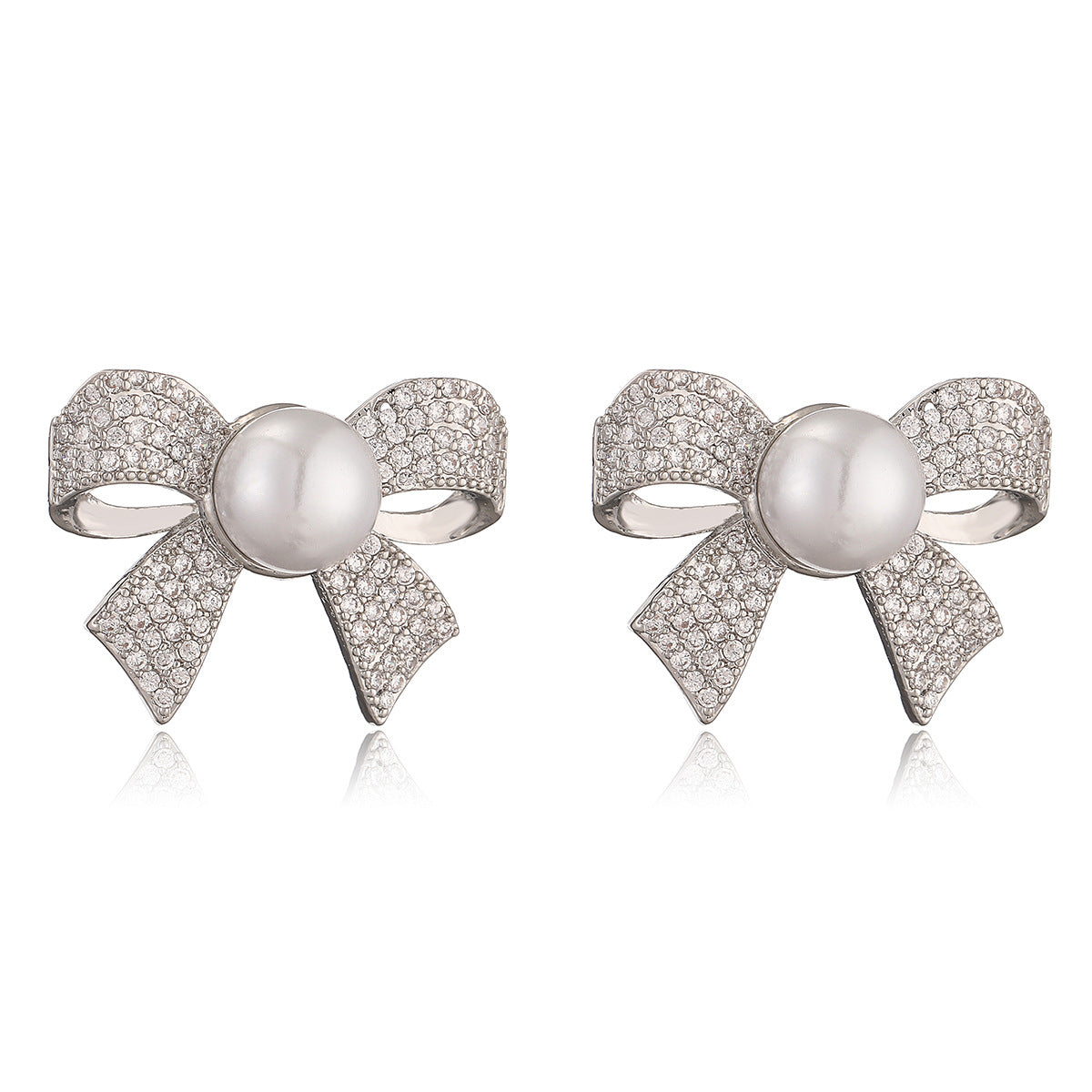 Ribbon Bow CZ Pearl 18K Gold White Anti Tarnish Stud Earring Bulk