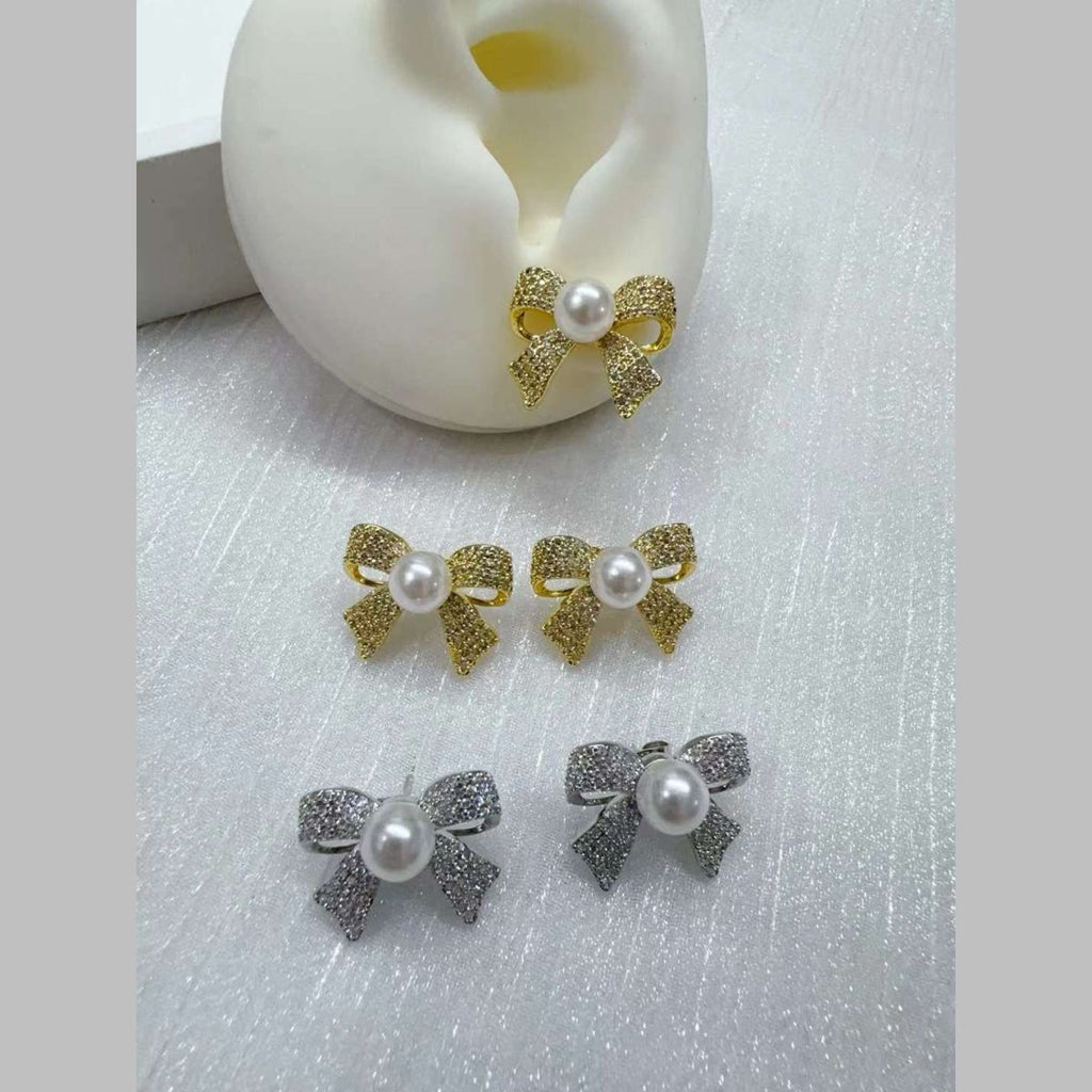 Ribbon Bow CZ Pearl 18K Gold White Anti Tarnish Stud Earring Bulk