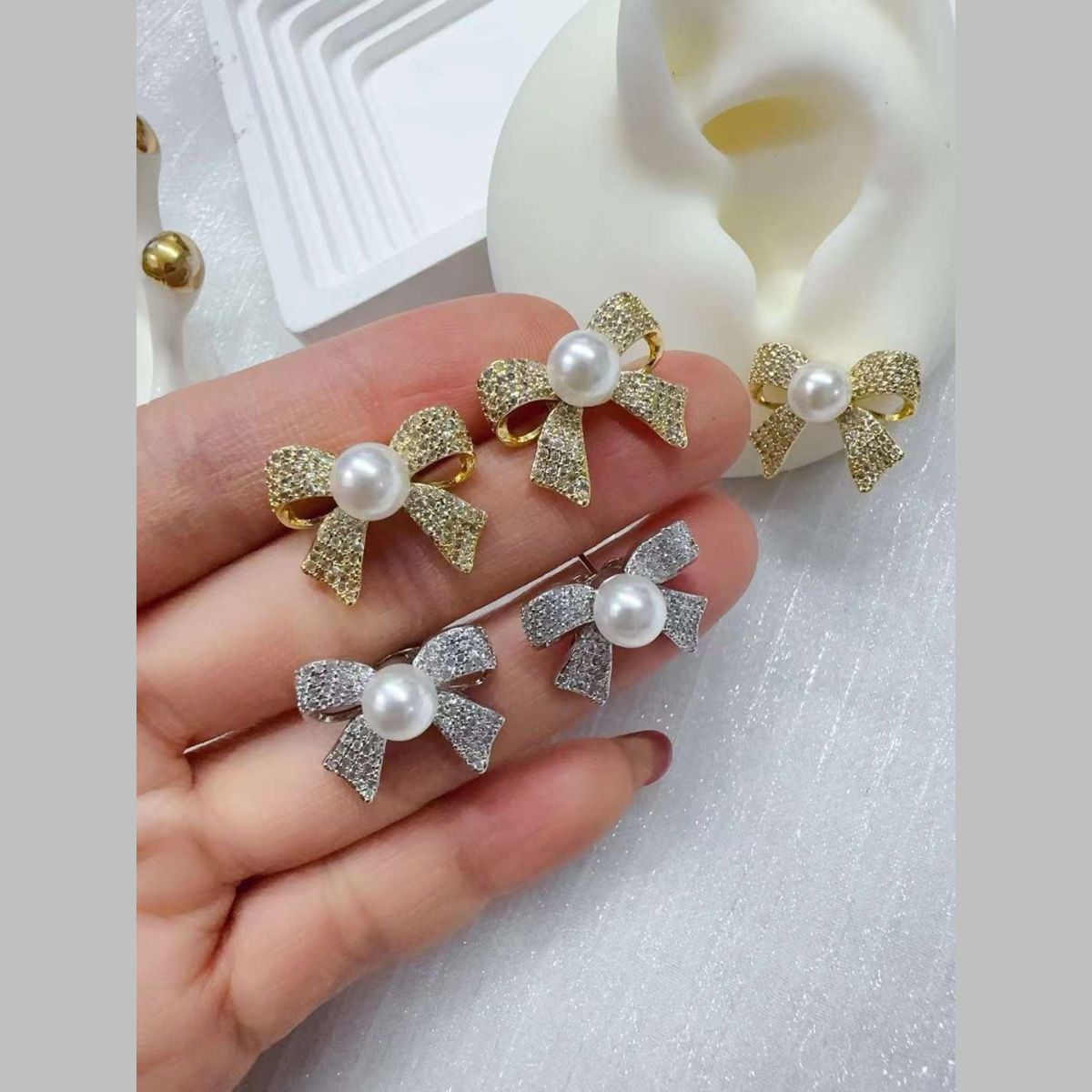Ribbon Bow CZ Pearl 18K Gold White Anti Tarnish Stud Earring Bulk