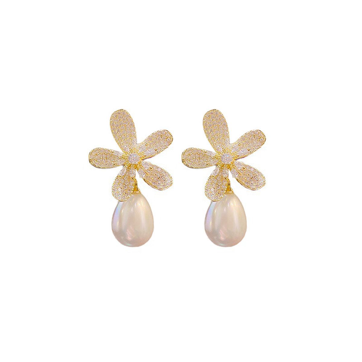 Flower 18K Gold White CZ Pearl Anti Tarnish Stud Drop Earring Bulk Secondary image