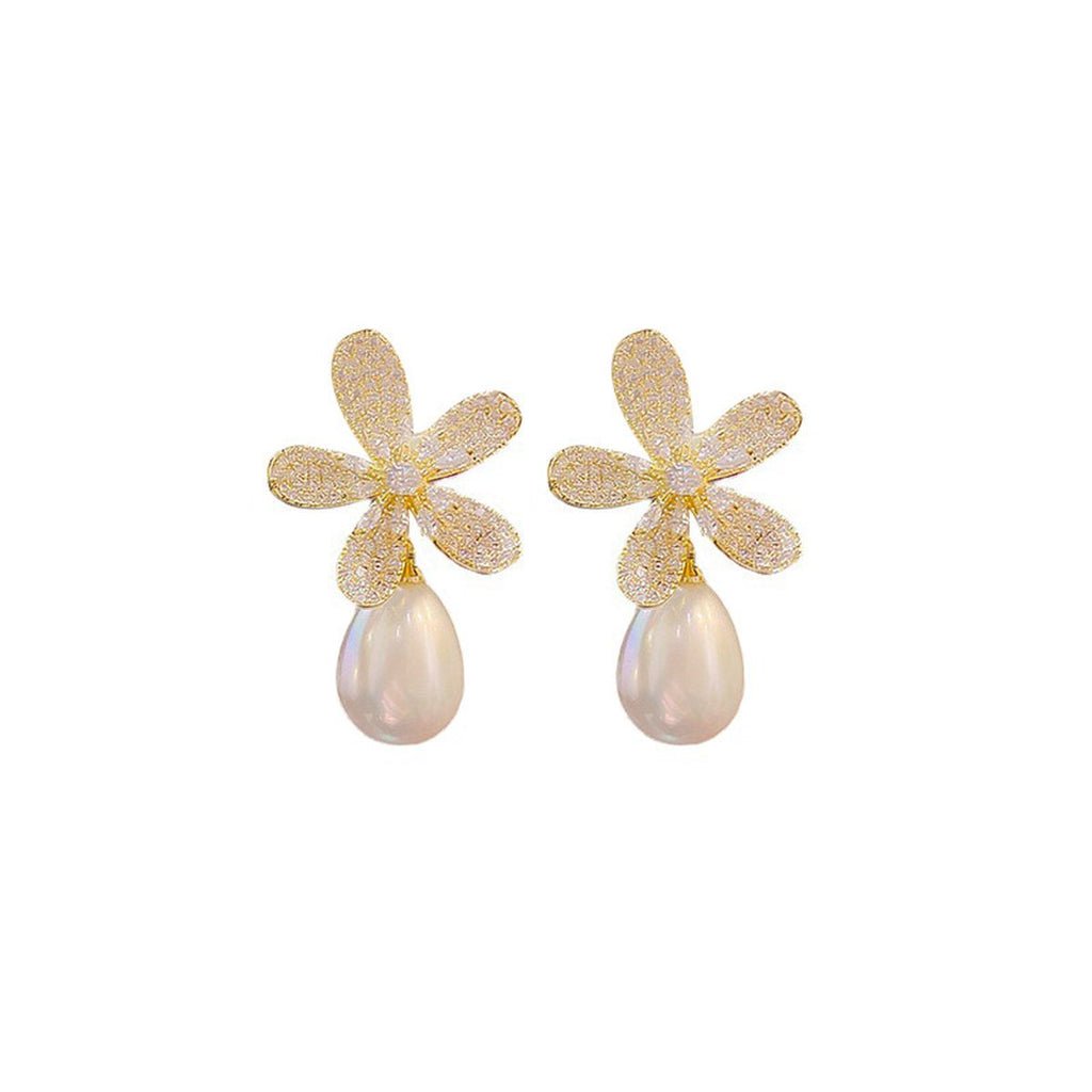 Flower 18K Gold White CZ Pearl Anti Tarnish Stud Drop Earring Bulk