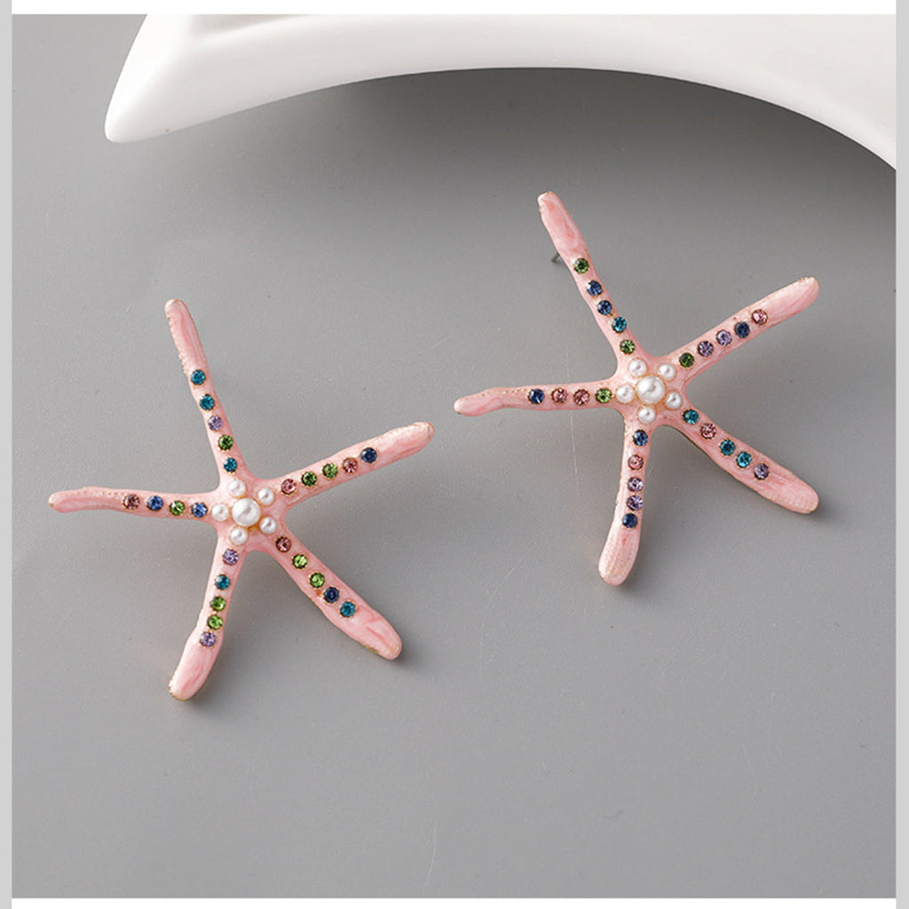 Star Fish Gemstone Pearl 18K Gold Pink Stud Earring For Women