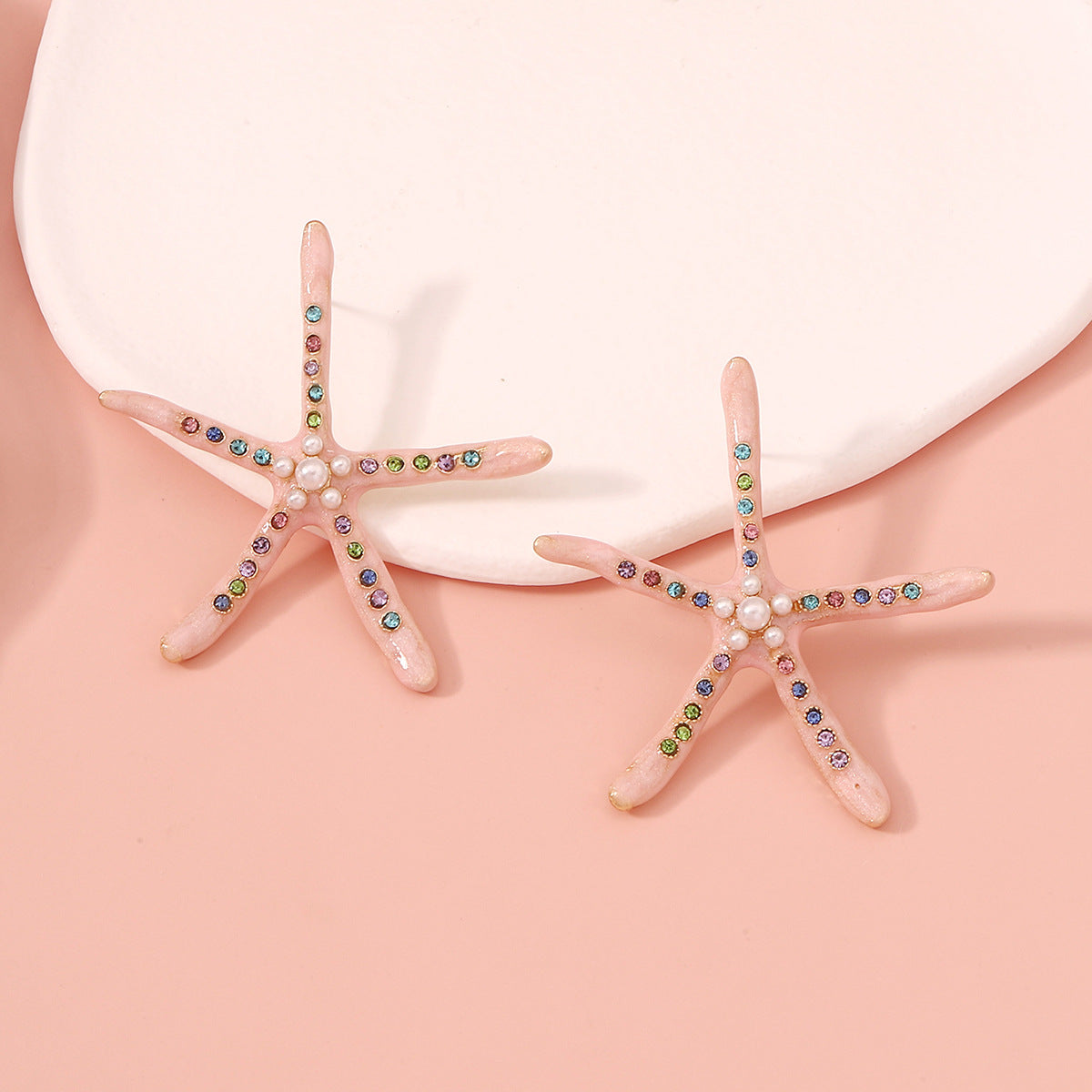 Star Fish Gemstone Pearl 18K Gold Pink Stud Earring For Women