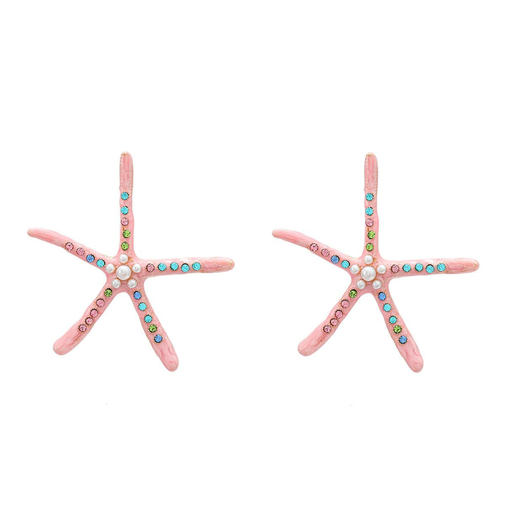 Star Fish Gemstone Pearl 18K Gold Pink Stud Earring For Women