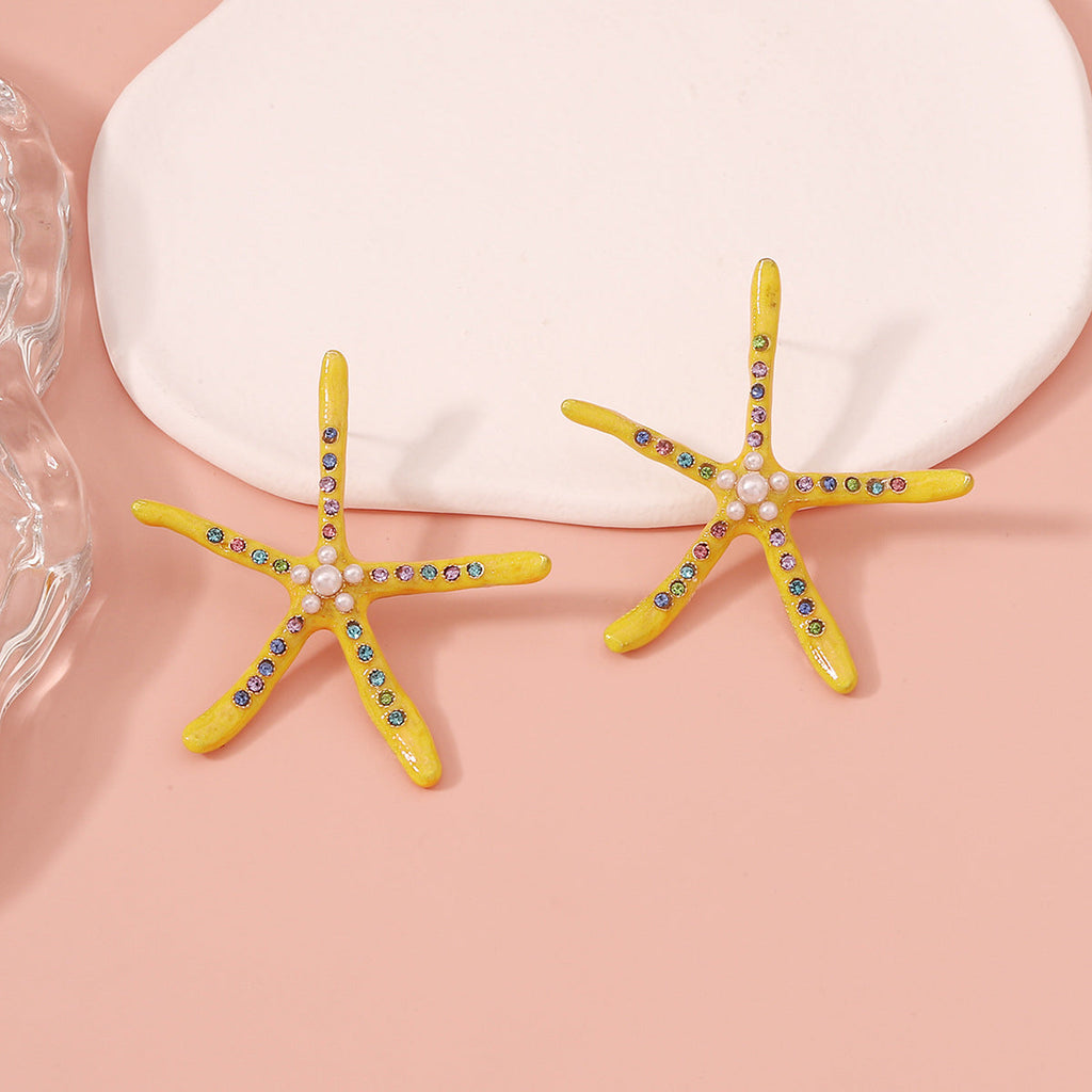Star Fish Gemstone Pearl 18K Gold Pink Stud Earring For Women