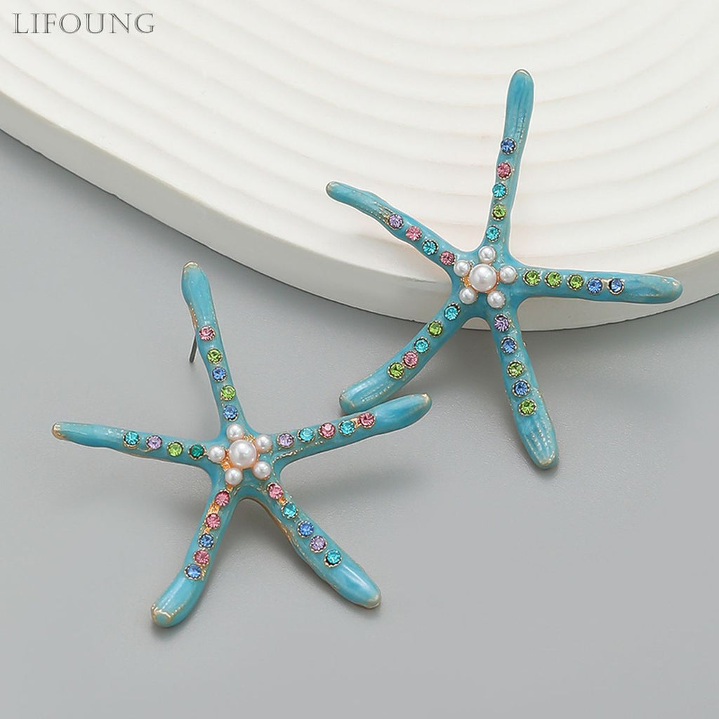 Star Fish Gemstone Pearl 18K Gold Pink Stud Earring For Women
