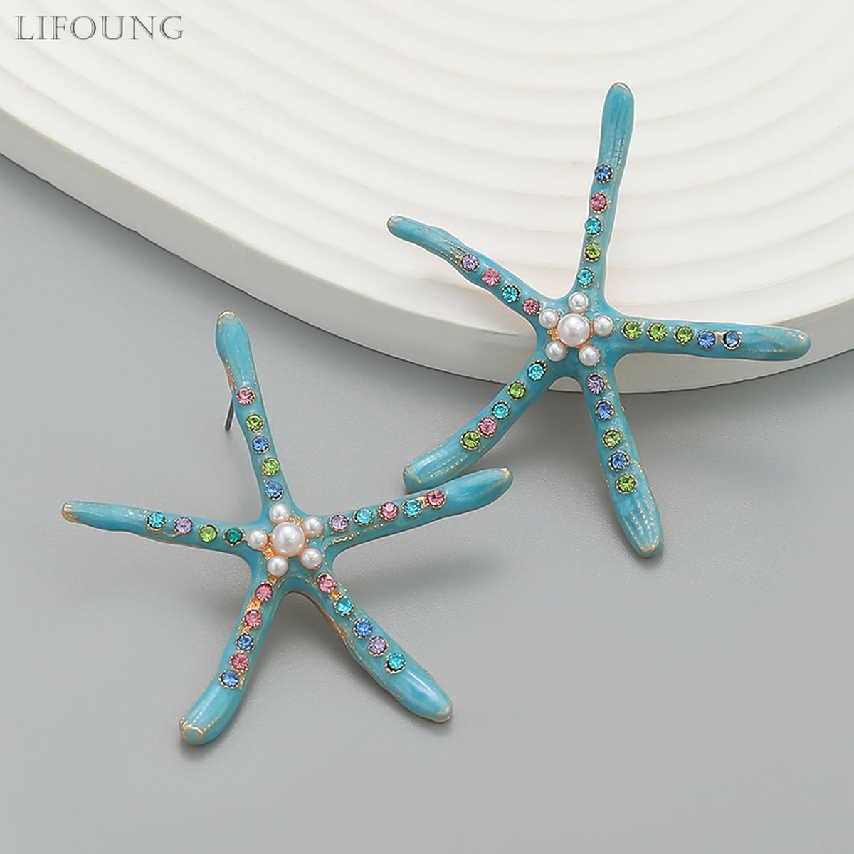 Star Fish Gemstone Pearl 18K Gold Pink Stud Earring For Women