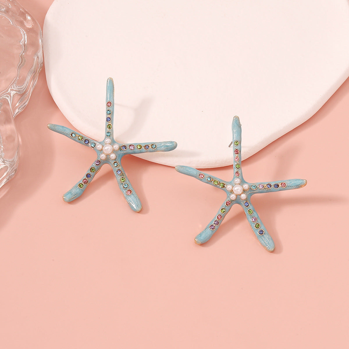 Star Fish Gemstone Pearl 18K Gold Pink Stud Earring For Women