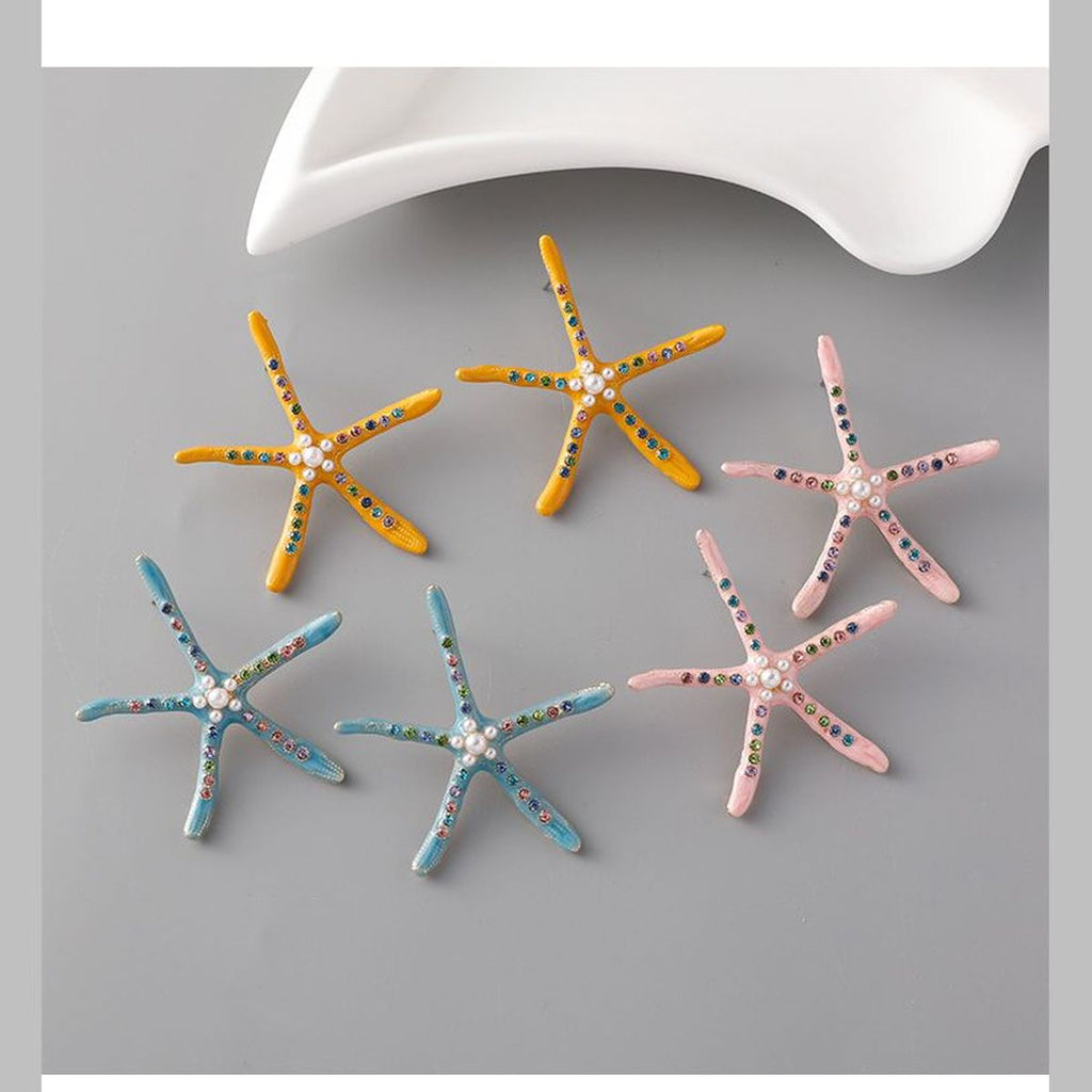 Star Fish Gemstone Pearl 18K Gold Pink Stud Earring For Women