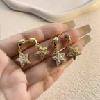Dual Star Cubic Zirconia 18K Gold Anti Tarnish Drop Hoop Earring Bulk