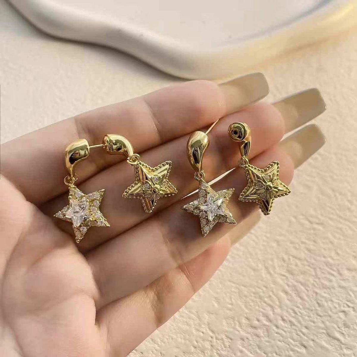 Dual Star Cubic Zirconia 18K Gold Anti Tarnish Drop Hoop Earring Bulk