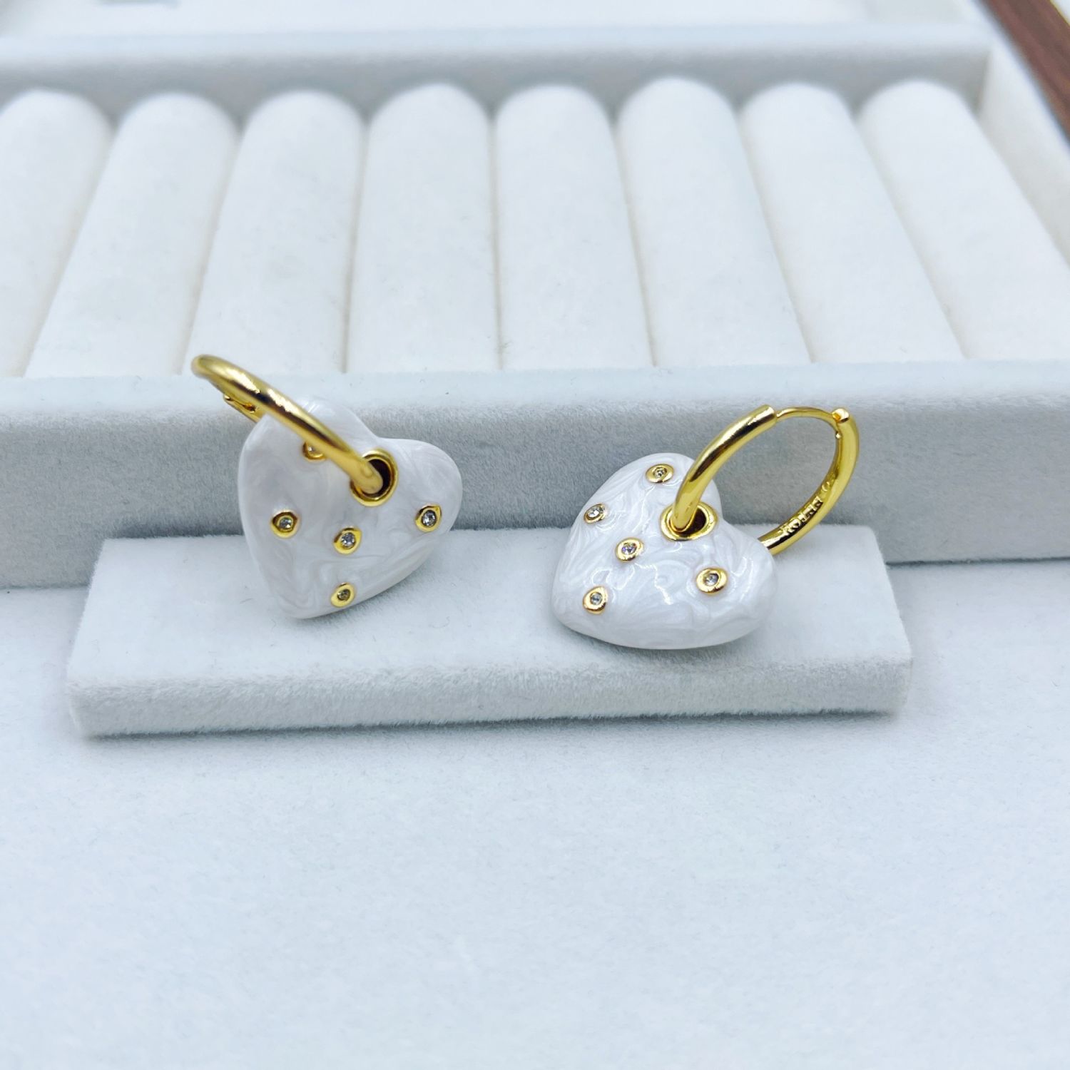 Love Heart CZ Enamel Gold White Anti Tarnish Hoop Drop Earring Bulk Main image