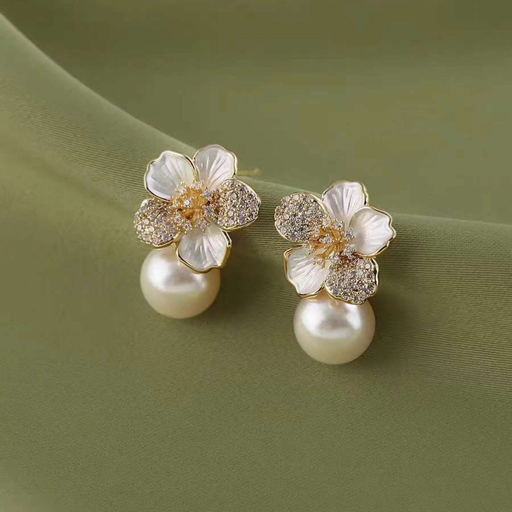 Flower CZ Pearl 18K Gold White Anti Tarnish Stud Earring Bulk