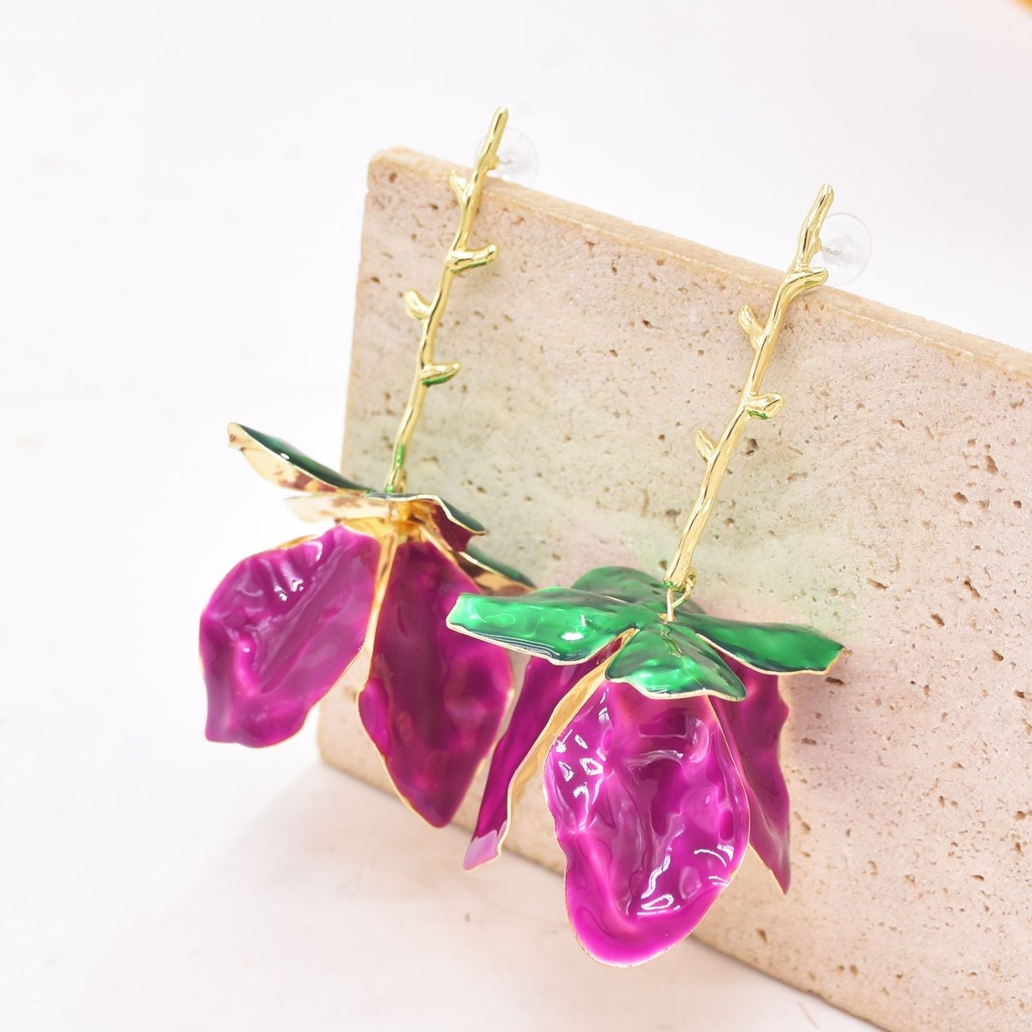 Tulip Flower Leaf 18K Gold Pink Green Tassel Dangler Earring Bulk Main image