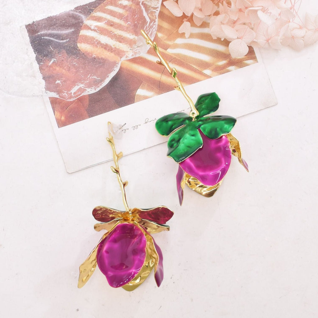 Tulip Flower Leaf 18K Gold Pink Green Tassel Dangler Earring Bulk